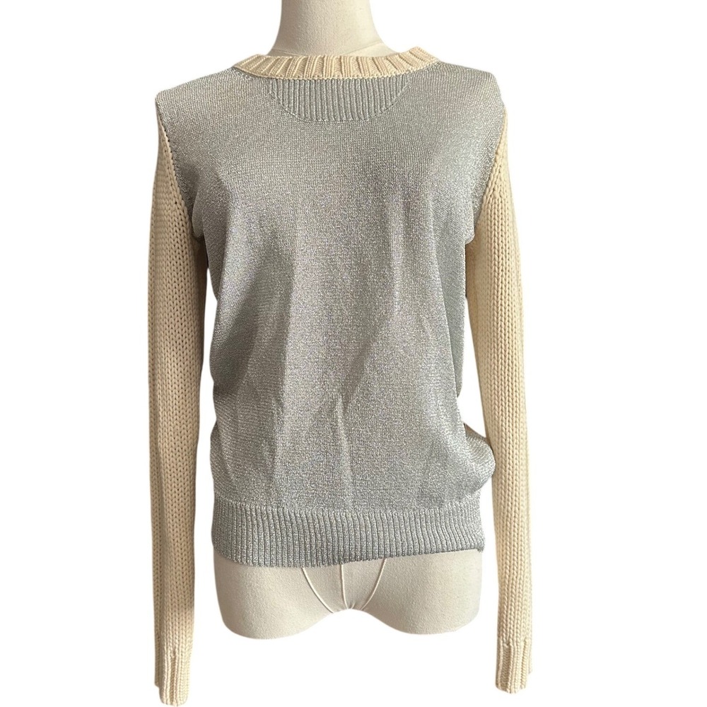 Aiko Cream Cable‎ Knit Silver Metallic Lurex Panel Sweater S